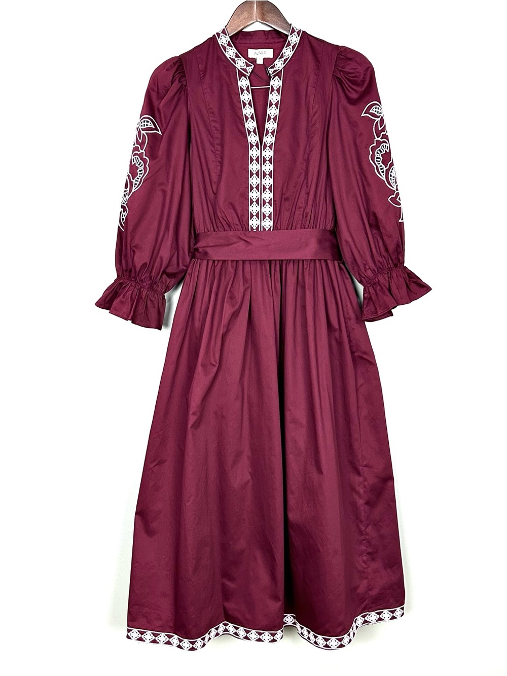 Avara Embroidered Poplin Midi Dress Women’s Size S Sash Tie Prairie Peasant Boho